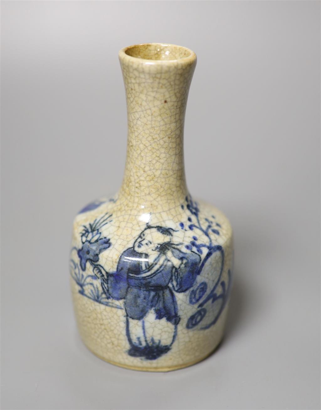 A Chinese blue and white crackle glaze bottle vase, height 14.5cm